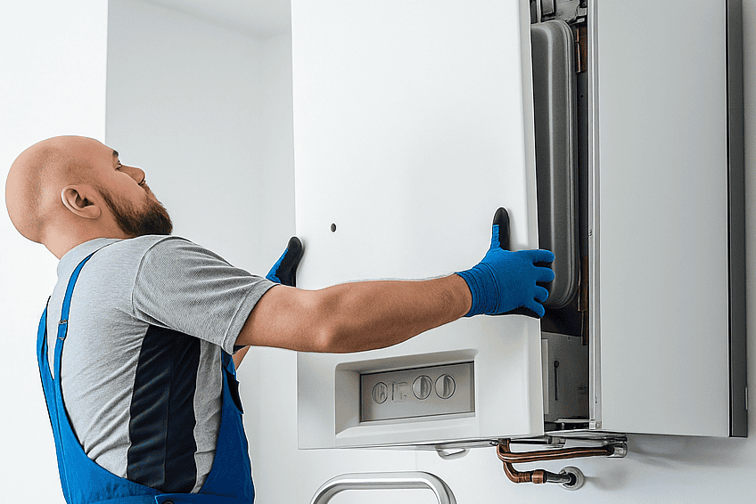 Gas Safe engineer in Derby repairing a boiler and fitting the front cover during same-day boiler repair derby. Boiler Breakdown Derby