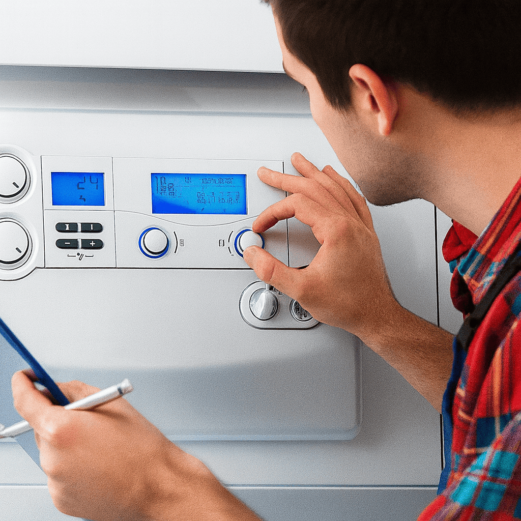 Boiler technician checking pressure during annual service in Derby