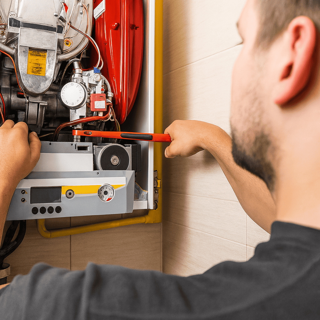Emergency engineer repairing a broken boiler in Derby